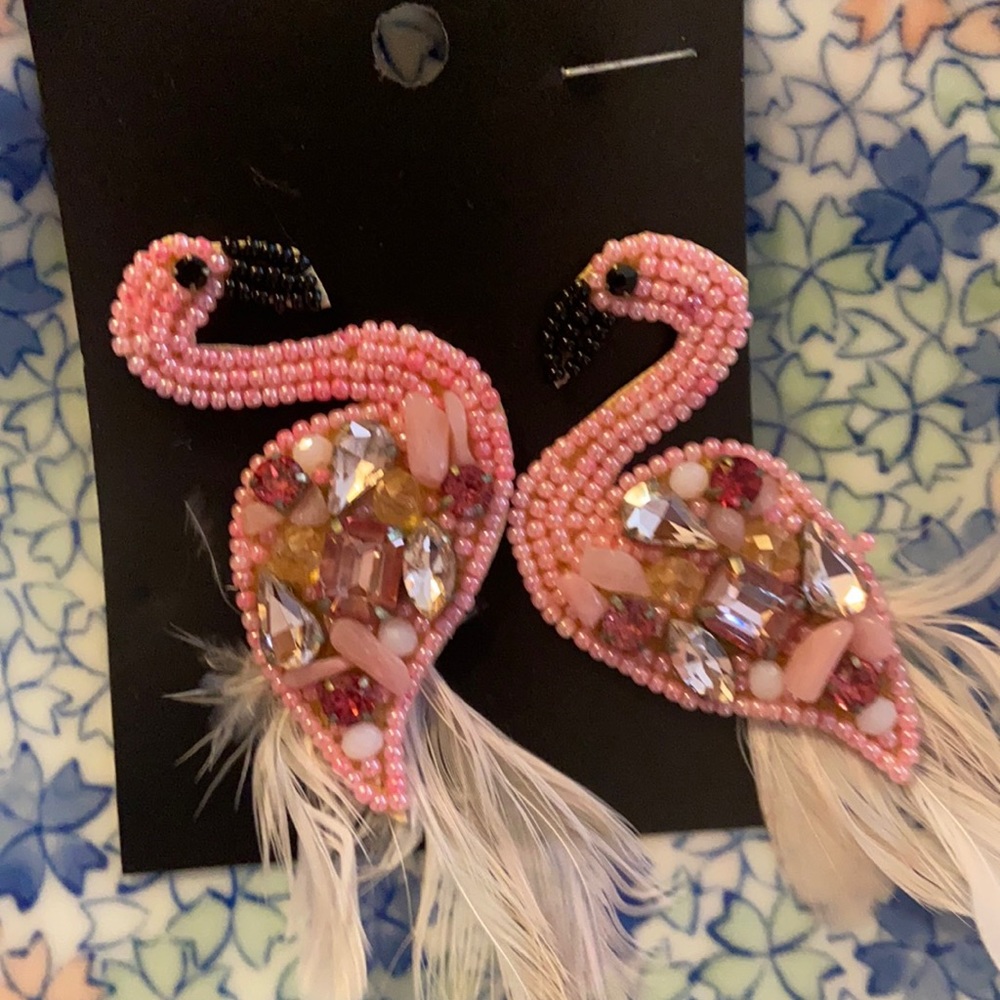 Pink flamingo feather beaded earrings
